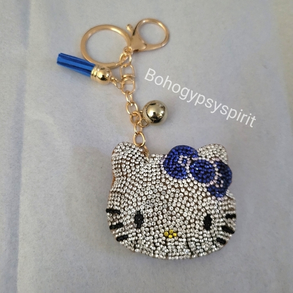 Hello Kitty Blue Bow Crystal Rhinestone Keychain Bag Charm With Tassel - Picture 6 of 11